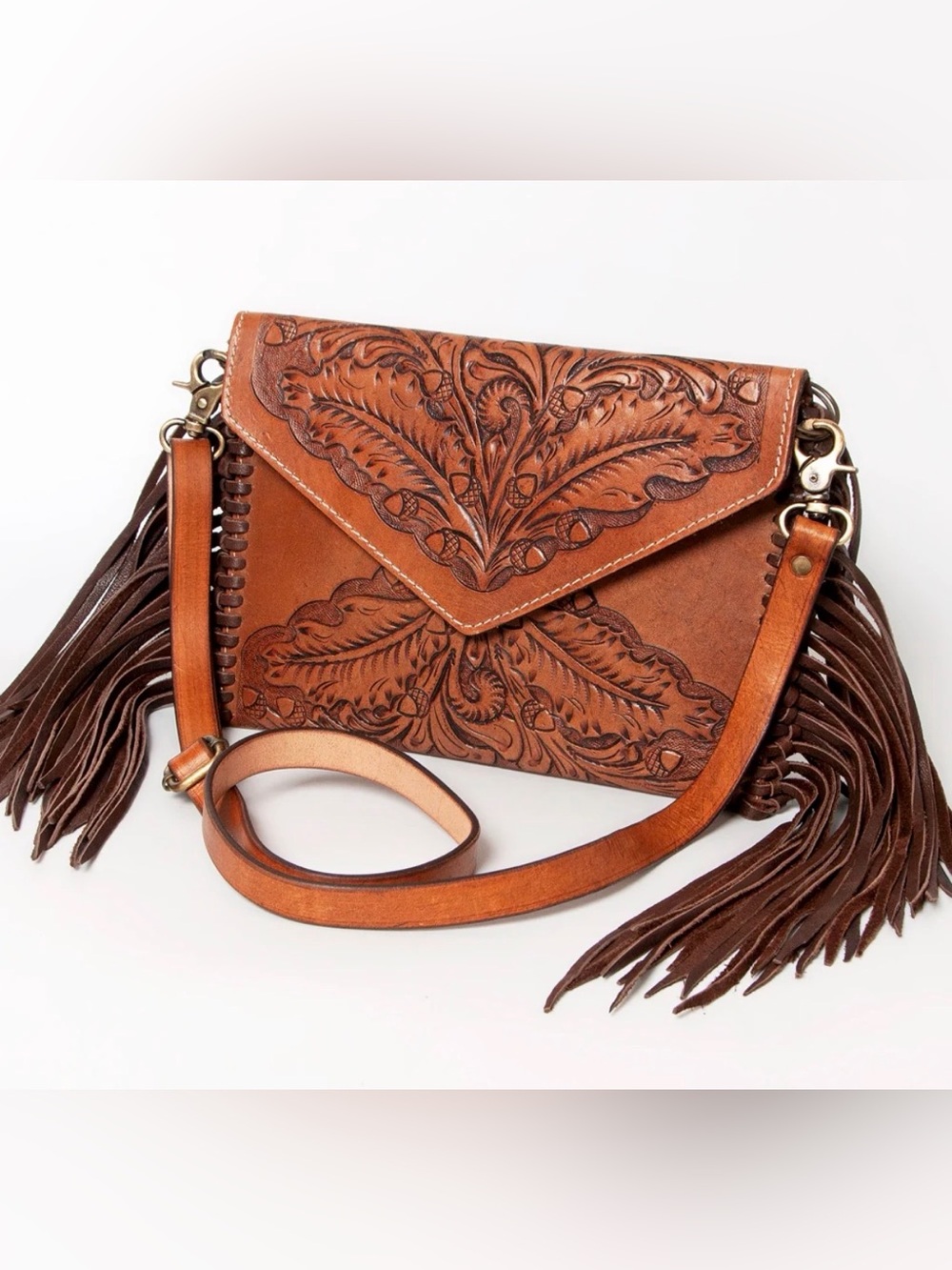 Western Bag Hand-Tooled Leather Fringe Crossbody Bag - Envelope Style Bag